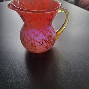Rainbow Glass Hand Blown Glass Pitcher Red With White Splatter & Yellow Handle